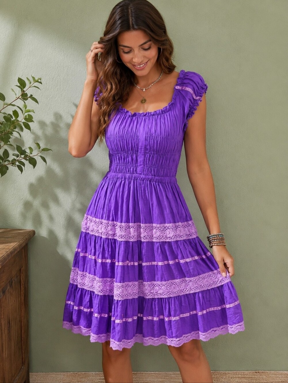 Sunflower Dress Medium Purple Pink Lace Y2K Cottagecore Smocked Cotton Stretch